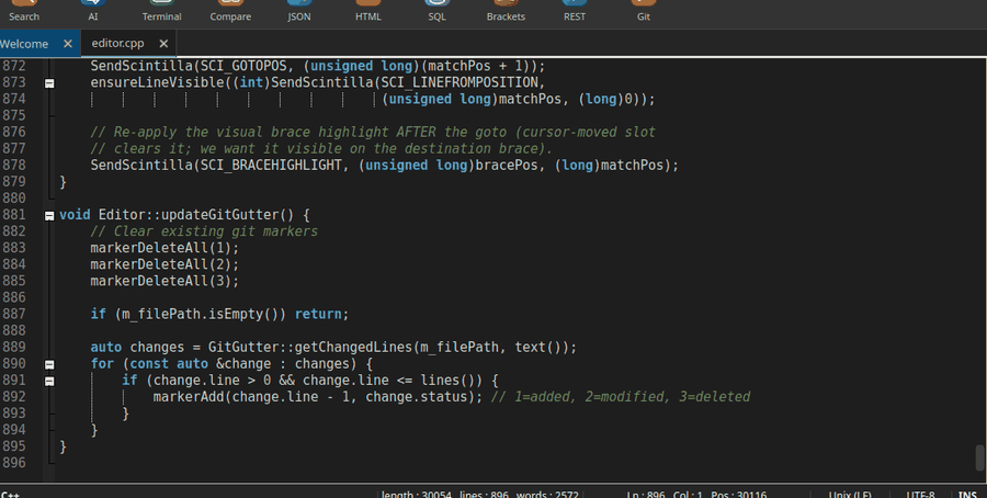 Notepatra editor — C++ source with 9-hue canonical syntax highlighting