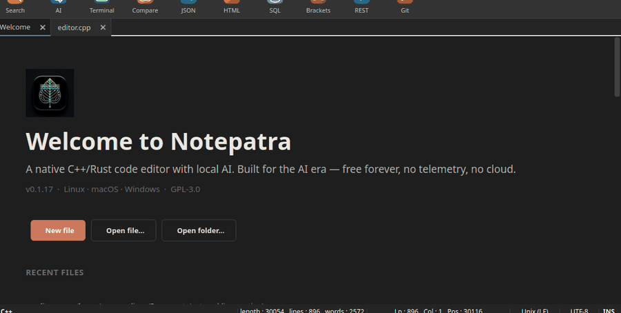 Notepatra tour — Welcome screen, then editor.cpp source with syntax highlighting, then Project Search with live streaming results